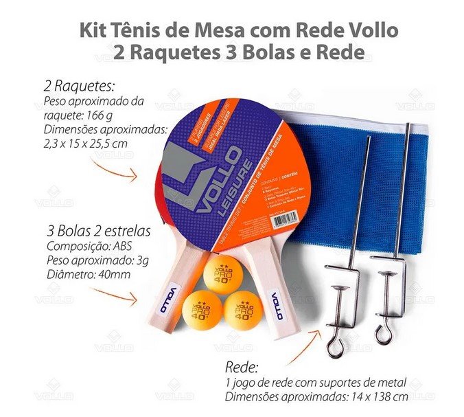 Kit Ping-Pong 2 Raquete + 3 bolas + rede + suporte Vollo VT710-R